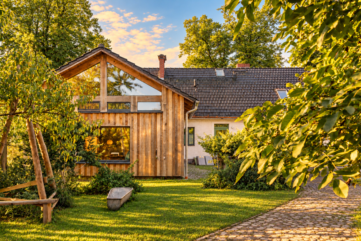 Blick durch den Garten auf das Apartment im Landhaus Wolfsruh