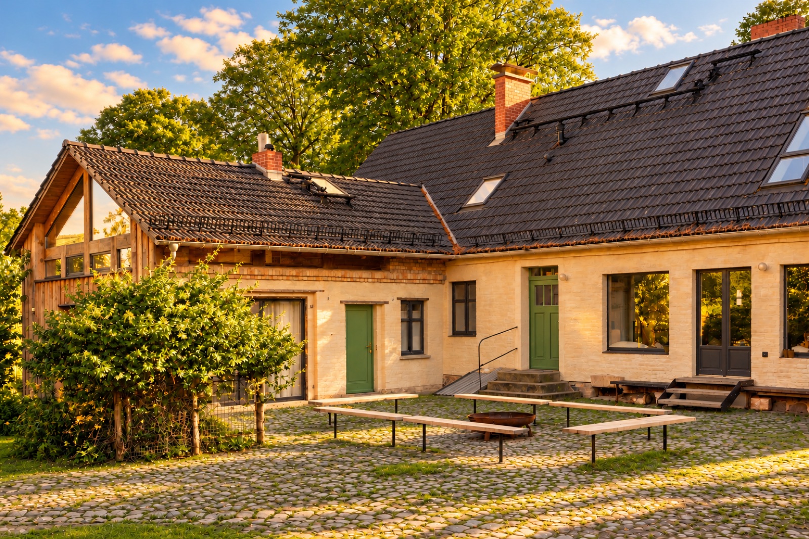 Innenhof vor dem Haupthaus im Abendlicht