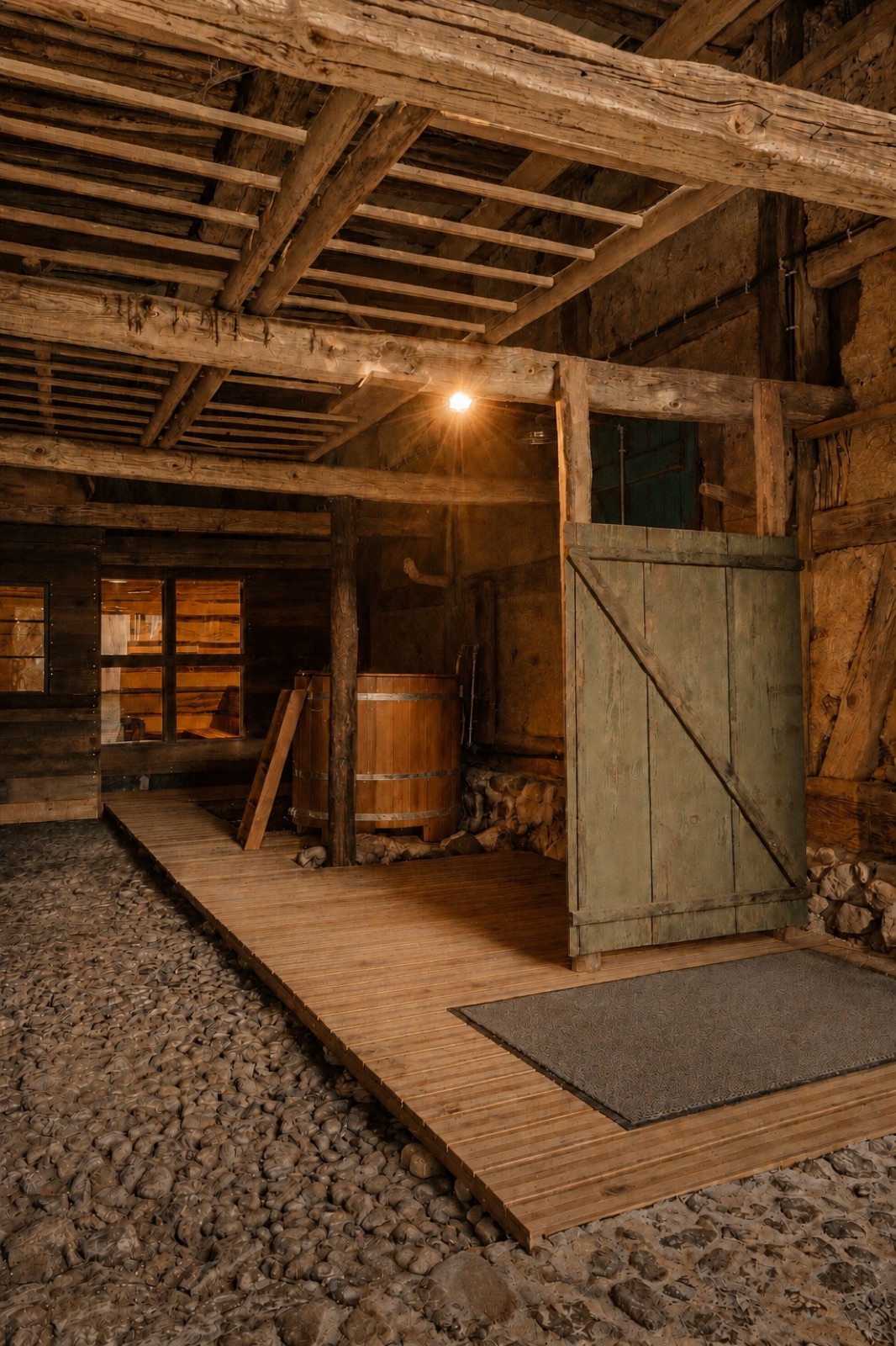 Historischer Innenbereich der Scheune mit Sauna
