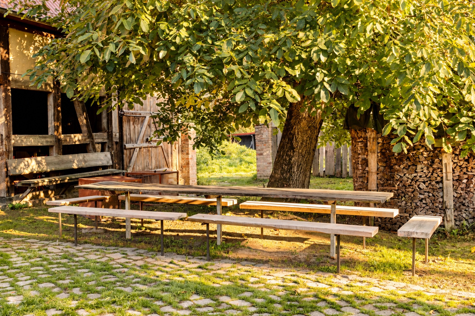 Lange Tafel unter dem großen Baum auf dem Hof