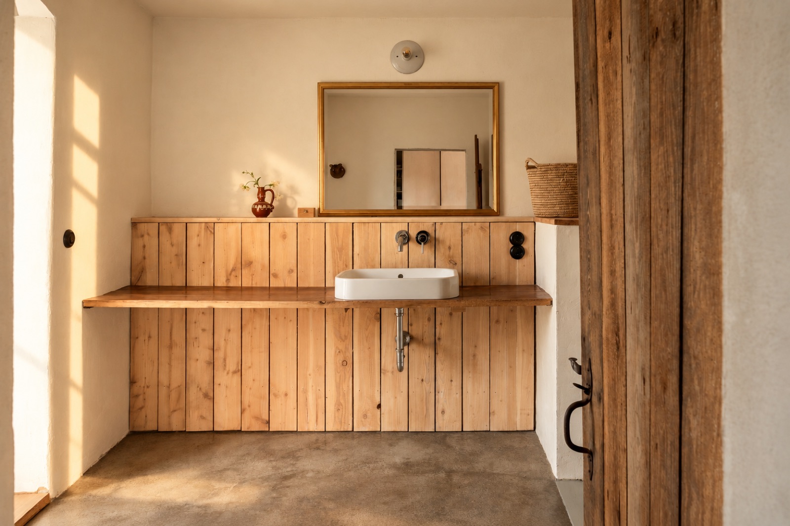 Waschbecken mit Holzverkleidung im Bad